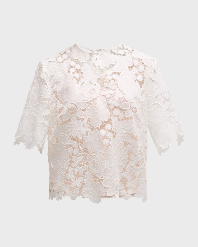 Botanical Guipure Short-Sleeve Crop Top